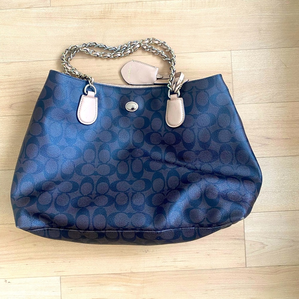 Used brown leather coach bag with gold chain strap